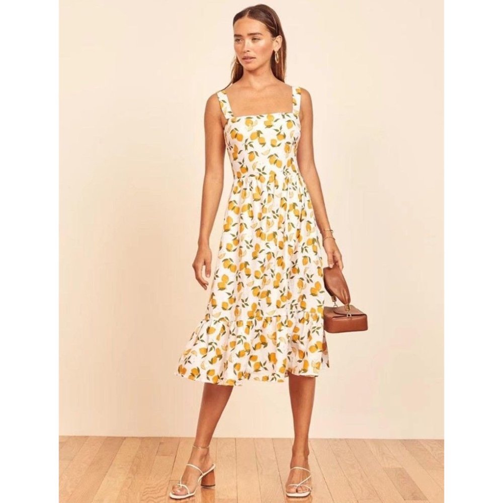 NWOT Reformation Manet Dress in Lemonade Yellow White Lemon Linen Ruffle Midi